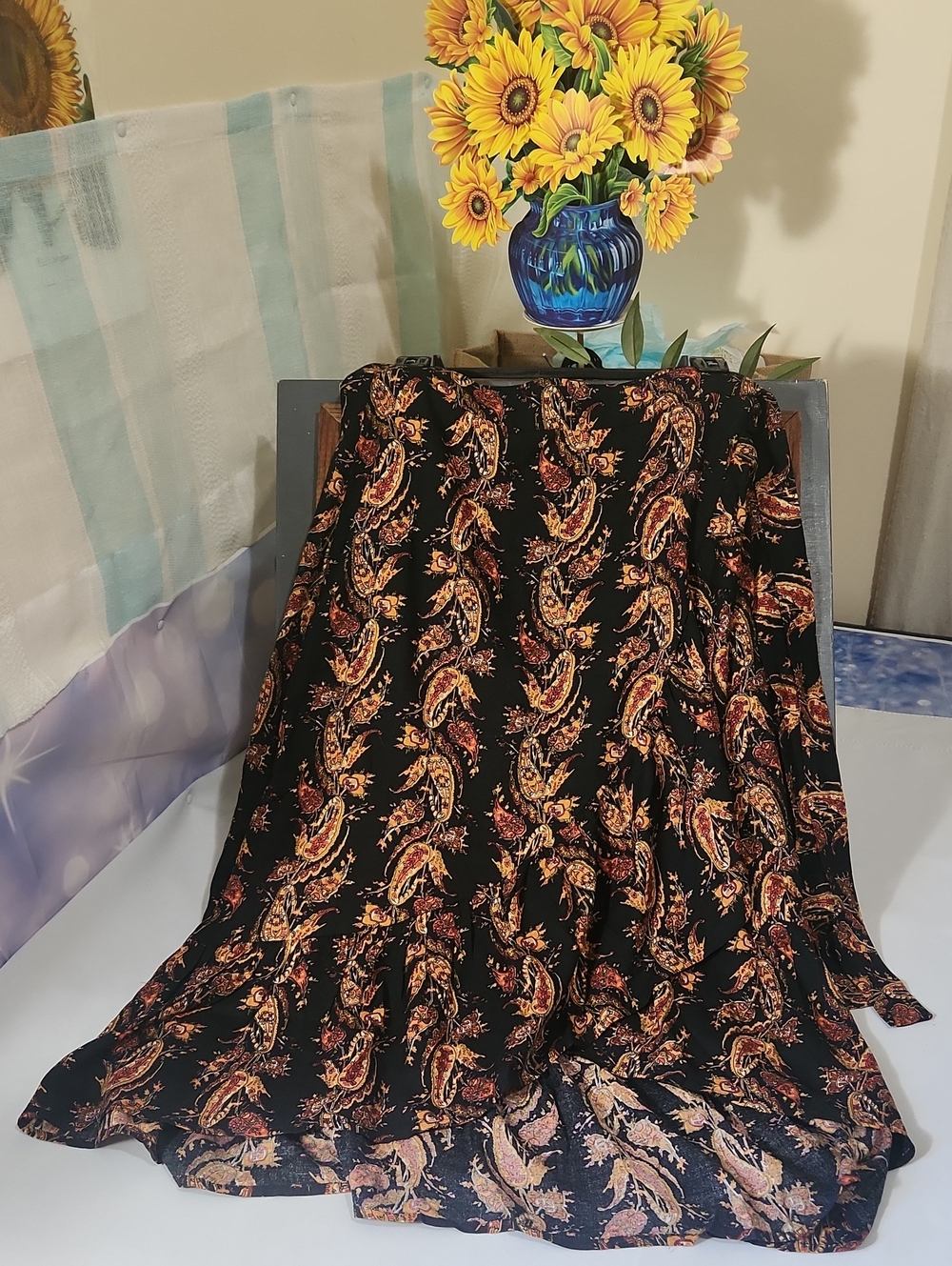 NATURAL LIFE Black Paisley Asymmetrical Skirt with Yellow & Orange Accents